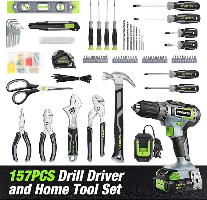 Bộ dụng cụ gia đình WORKPRO có máy khoan không dây Li-Ion 20V, dụng cụ đa năng 157 món, máy khoan có túi đựng dụng cụ