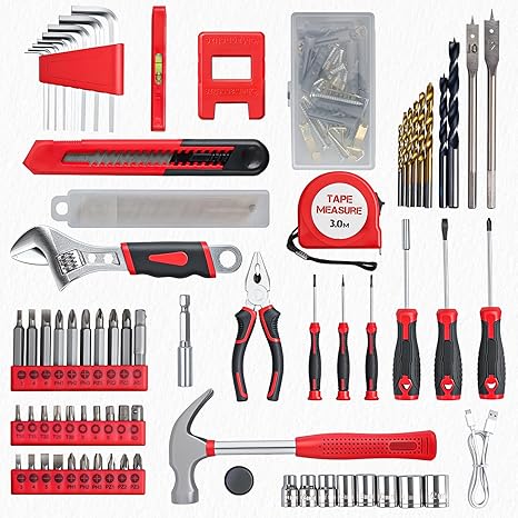 Bộ dụng cụ - Bộ dụng cụ khoan không dây 8V, Hộp dụng cụ 132 món có mũi khoan, Bộ dụng cụ gia dụng dành cho cả nam và nữ, Bộ khoan cầm tay cao cấp dành cho chủ nhà, người đam mê DIY và thợ sửa chữa - Màu đỏ