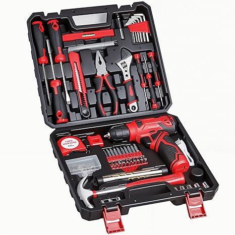 Bộ dụng cụ - Bộ dụng cụ khoan không dây 8V, Hộp dụng cụ 132 món có mũi khoan, Bộ dụng cụ gia dụng dành cho cả nam và nữ, Bộ khoan cầm tay cao cấp dành cho chủ nhà, người đam mê DIY và thợ sửa chữa - Màu đỏ