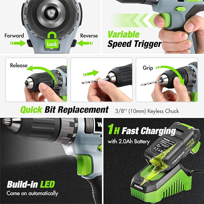 Bộ dụng cụ gia đình WORKPRO có máy khoan không dây Li-Ion 20V, dụng cụ đa năng 157 món, máy khoan có túi đựng dụng cụ
