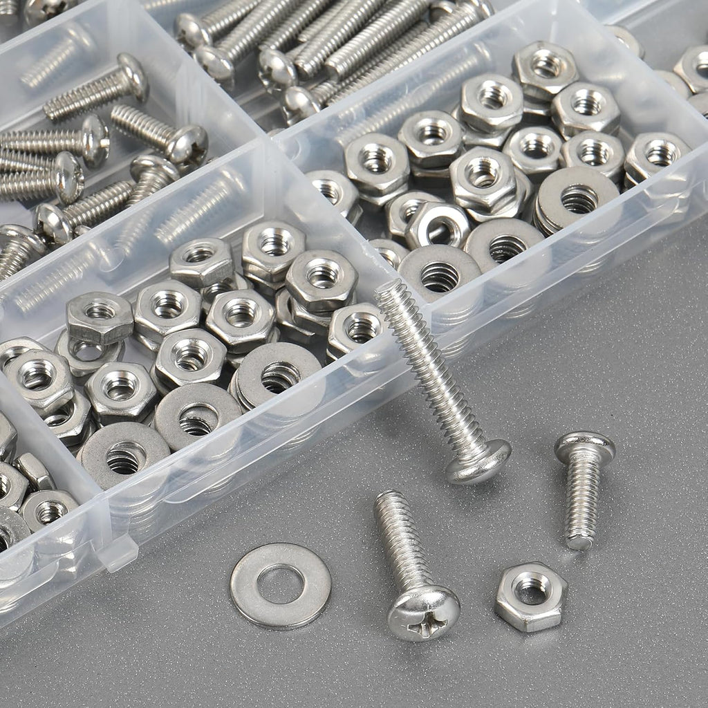 Bộ kết hợp bu lông và đai ốc máy 351 chiếc, # 6-32# 8-32# 10-24 kết hợp đầu phẳng chữ thập bu lông đai ốc bằng thép không gỉ 304 bu lông vòng đệm phẳng có vỏ