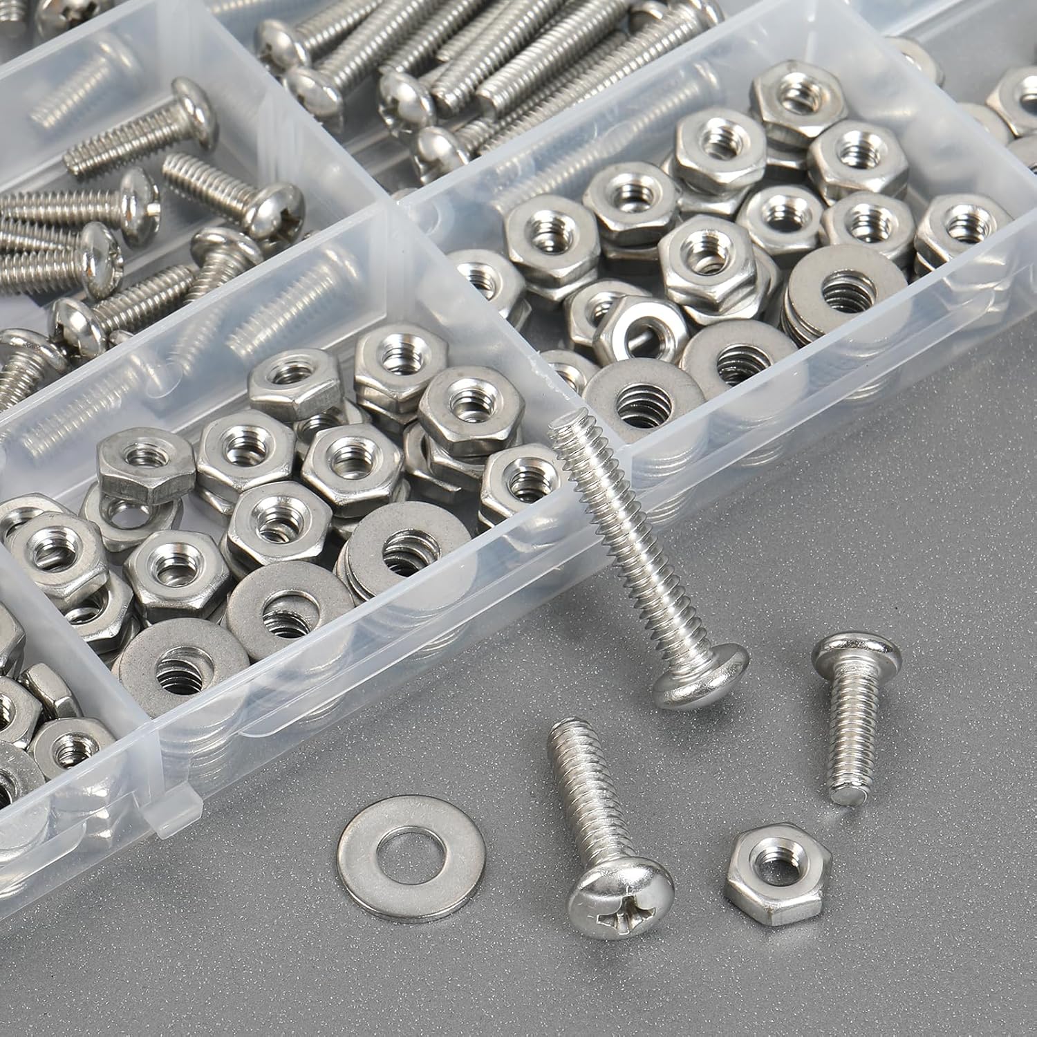 Bộ kết hợp bu lông và đai ốc máy 351 chiếc, # 6-32# 8-32# 10-24 kết hợp đầu phẳng chữ thập bu lông đai ốc bằng thép không gỉ 304 bu lông vòng đệm phẳng có vỏ