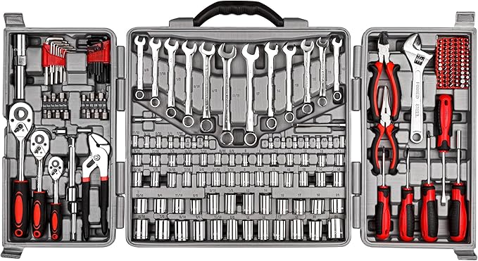 Bộ cờ lê ổ đĩa 1/4", 3/8" và 1/2" có bộ ổ cắm SAE/metric trong hộp đựng dụng cụ bằng nhựa