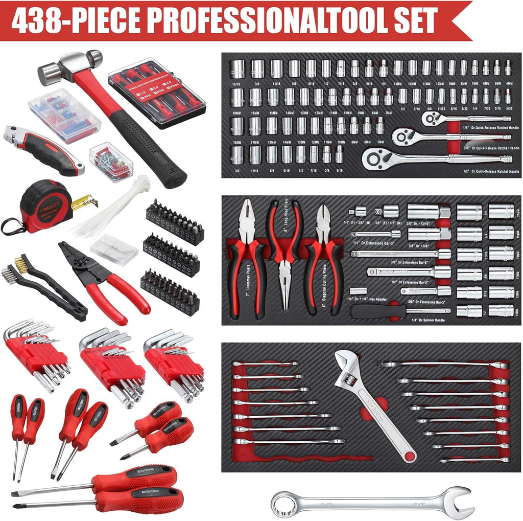 Bộ dụng cụ cơ khí 438 món có 3 ngăn kéo, hộp kim loại chịu lực, bộ dụng cụ sửa chữa/02