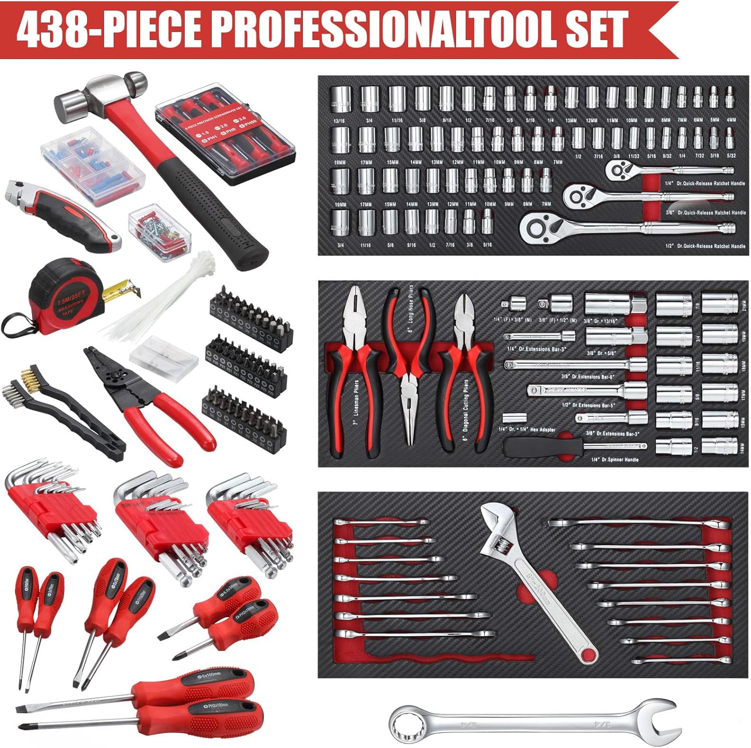 Bộ dụng cụ cơ khí 438 món có 3 ngăn kéo, hộp kim loại chịu lực, bộ dụng cụ sửa chữa/02