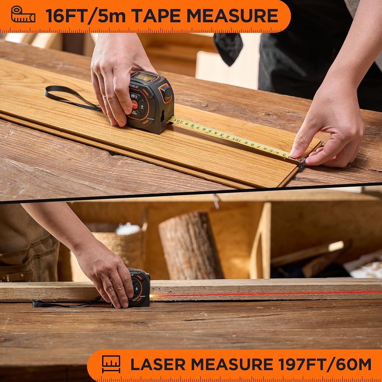 Thước dây laser 197ft Đo bằng laser và 16ft Đo bằng tay Thước dây kỹ thuật số hỗ trợ chế độ Pythagore, Diện tích, Thể tích, Đơn vị Feet/Inch/Mét Máy đo khoảng cách cho Công cụ chế biến gỗ