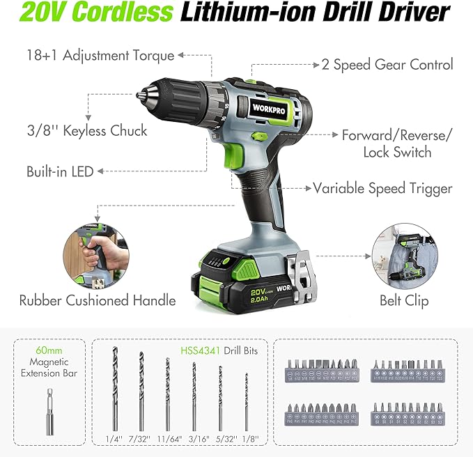 Bộ dụng cụ gia đình WORKPRO có máy khoan không dây Li-Ion 20V, dụng cụ đa năng 157 món, máy khoan có túi đựng dụng cụ