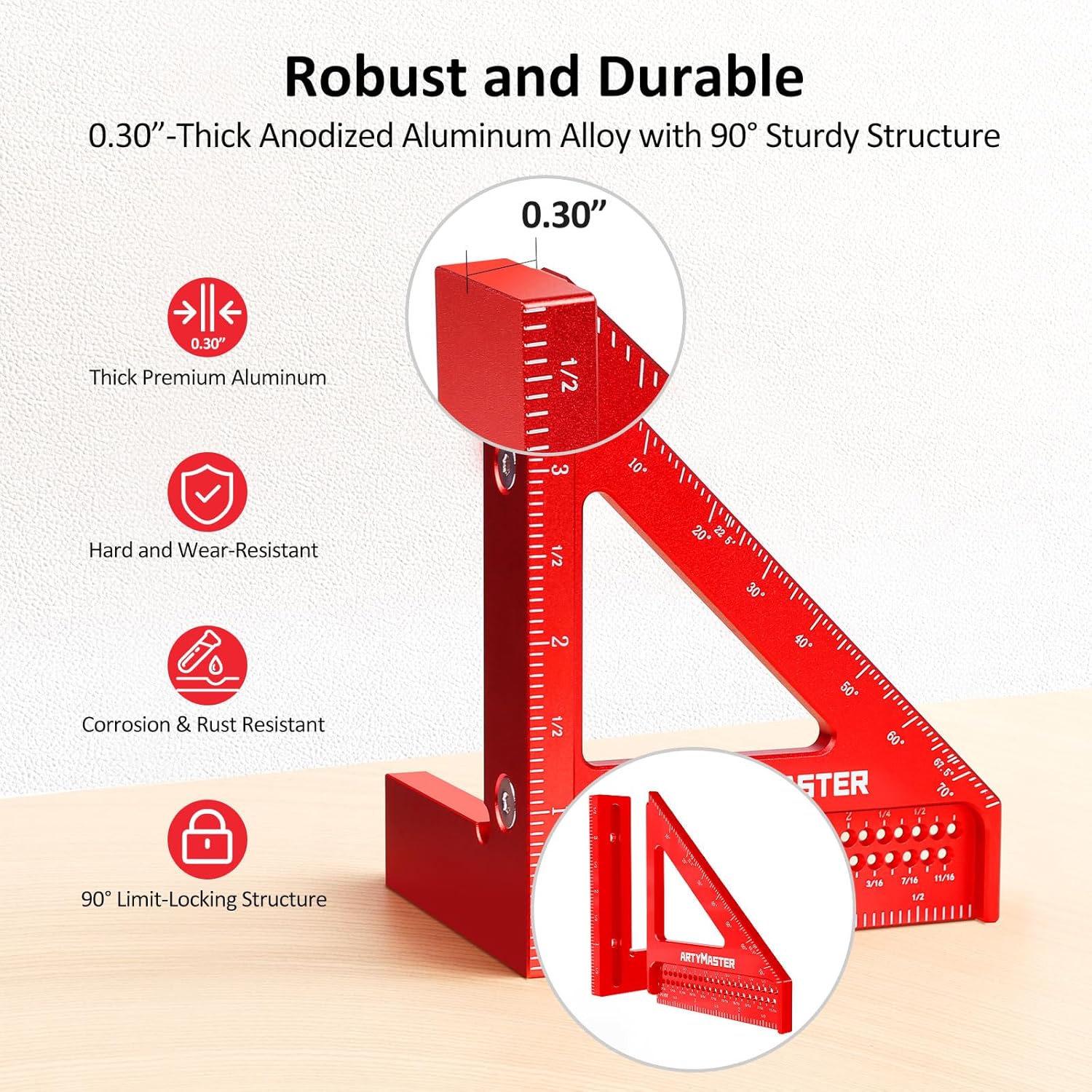 Thước vuông đo góc đa góc 3D mini 3,8 inch, dụng cụ đục gỗ có độ chính xác cao WT102A, dụng cụ đục gỗ vuông bằng hợp kim nhôm 0-90°, bút chì thợ mộc 6 ngòi.