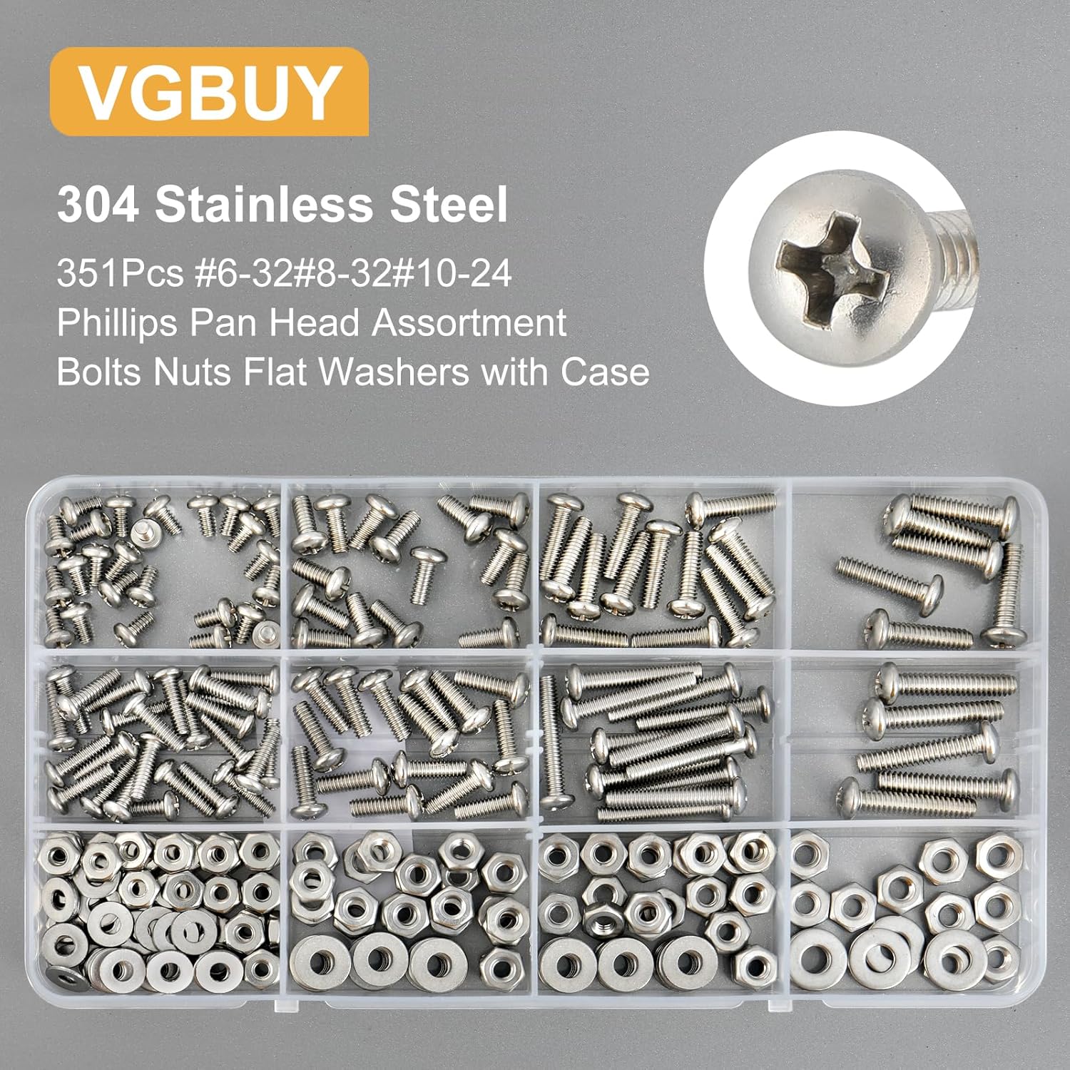 Bộ kết hợp bu lông và đai ốc máy 351 chiếc, # 6-32# 8-32# 10-24 kết hợp đầu phẳng chữ thập bu lông đai ốc bằng thép không gỉ 304 bu lông vòng đệm phẳng có vỏ