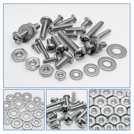 Bộ kết hợp bu lông và đai ốc 110PCS, bộ kết hợp phụ kiện phần cứng bằng thép không gỉ, với nhiều loại ốc vít, đai ốc, bu lông và vòng đệm (#4-40#6-32#8-32#10-24)