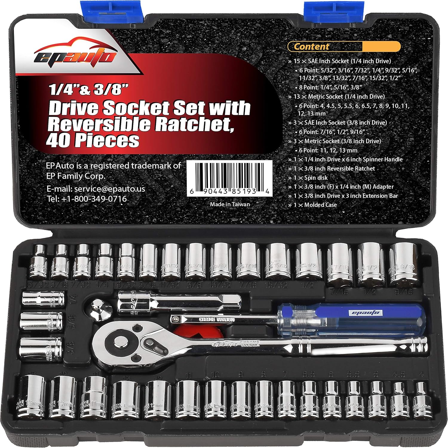 Bộ ổ cắm dẫn động 40 chi tiết 1/4" và 3/8" EPAuto có khóa gài đảo ngược 72 răng