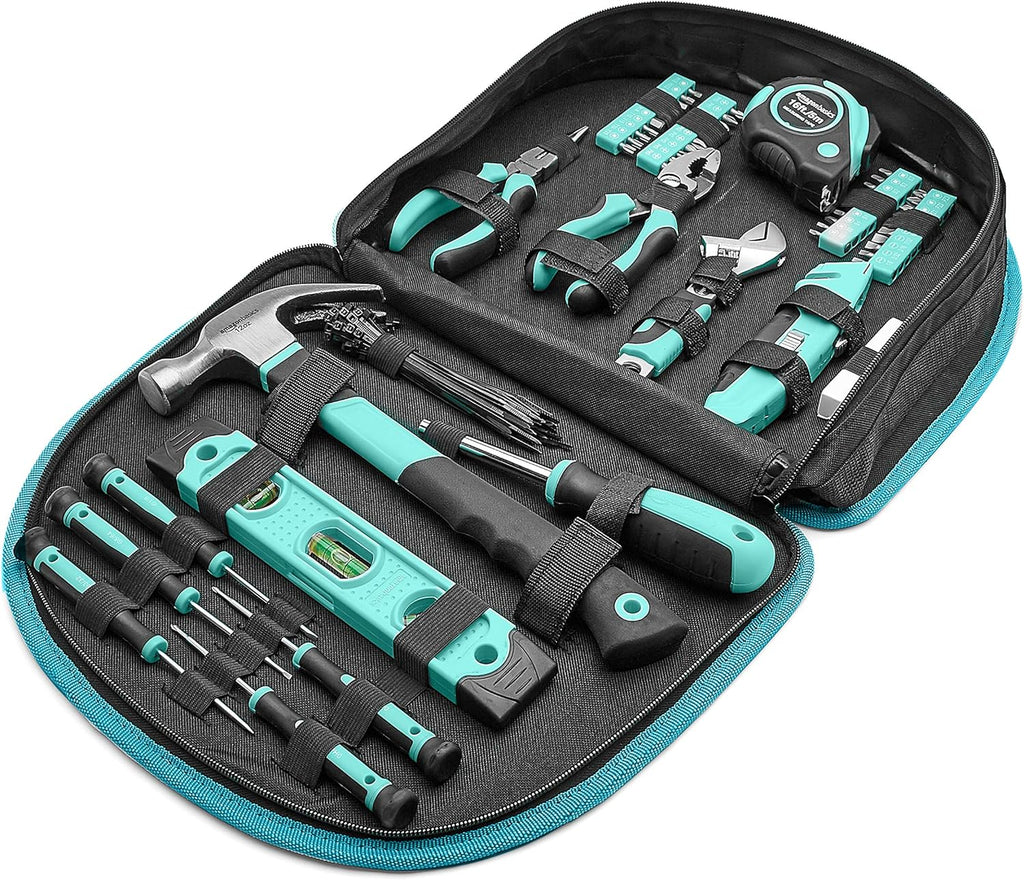 Bộ dụng cụ tròn, dễ mang theo có túi đựng, 104 món, màu ngọc lam, kích thước 14,4 x 11,4 x 3 inch