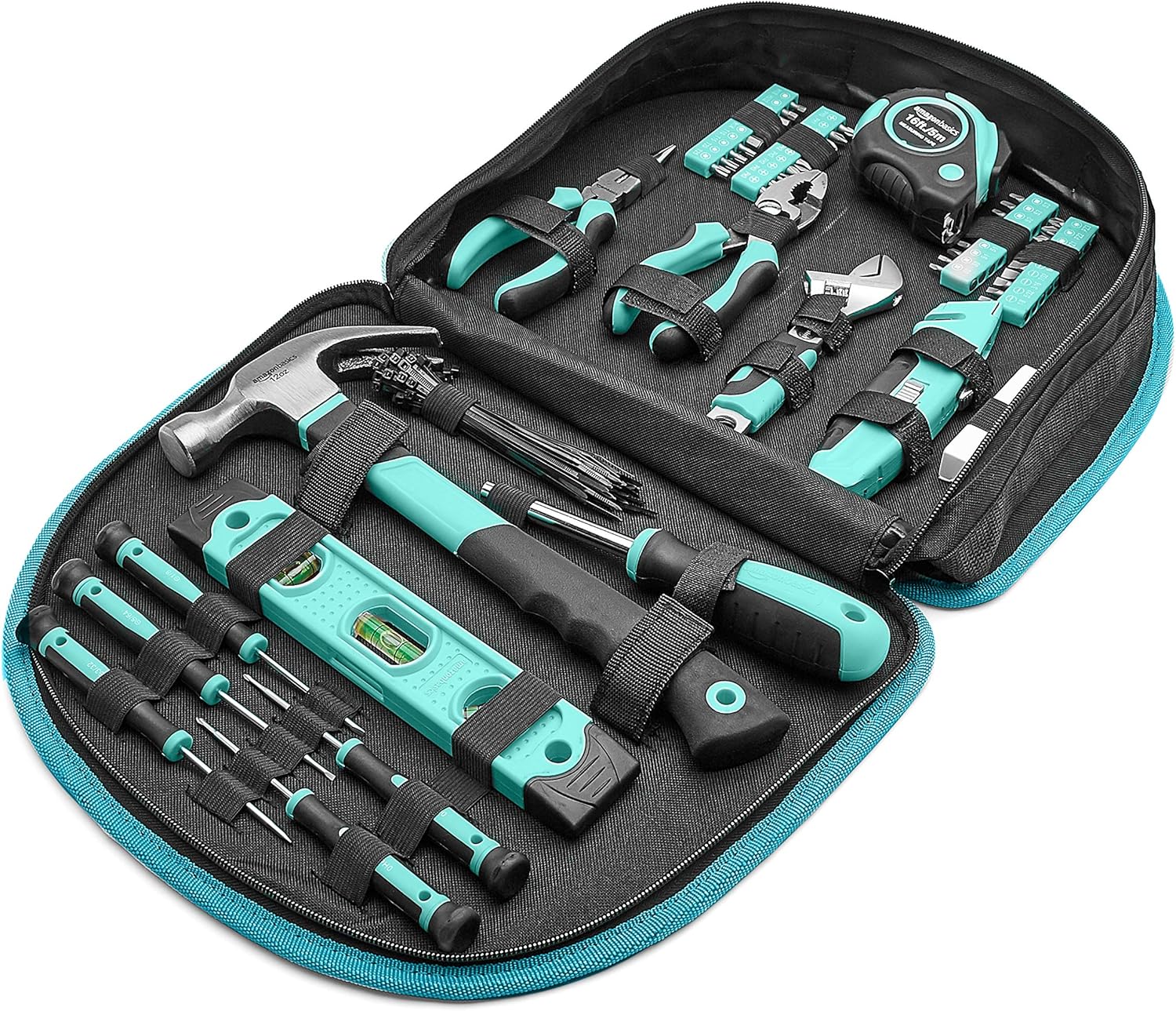 Bộ dụng cụ tròn, dễ mang theo có túi đựng, 104 món, màu ngọc lam, kích thước 14,4 x 11,4 x 3 inch