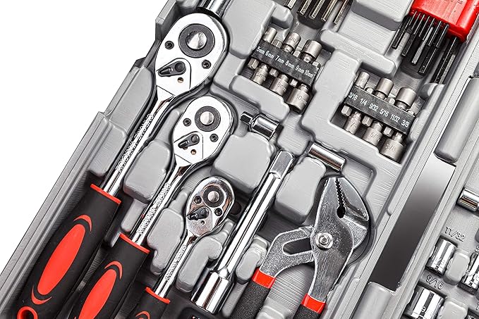 Bộ cờ lê ổ đĩa 1/4", 3/8" và 1/2" có bộ ổ cắm SAE/metric trong hộp đựng dụng cụ bằng nhựa