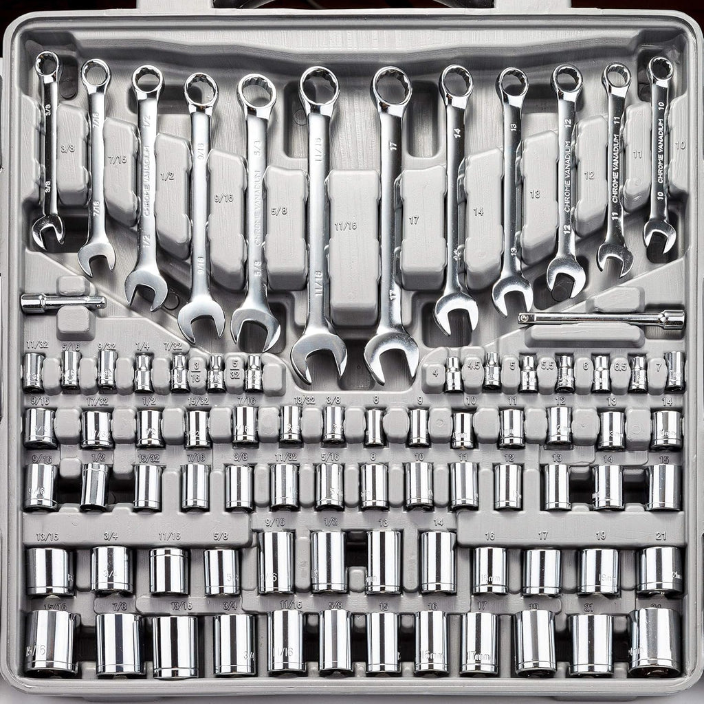 Bộ cờ lê ổ đĩa 1/4", 3/8" và 1/2" có bộ ổ cắm SAE/metric trong hộp đựng dụng cụ bằng nhựa